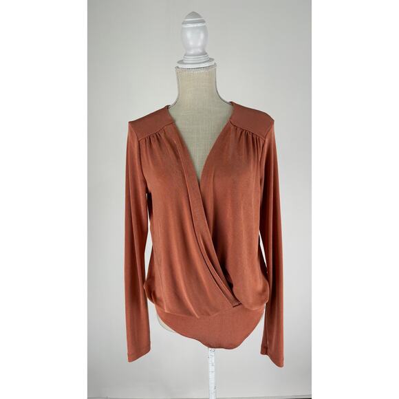 Intimately Free People Long Sleeve Turnt Bodysuit V Neck Size Large Ginger Spice - Picture 5 of 13